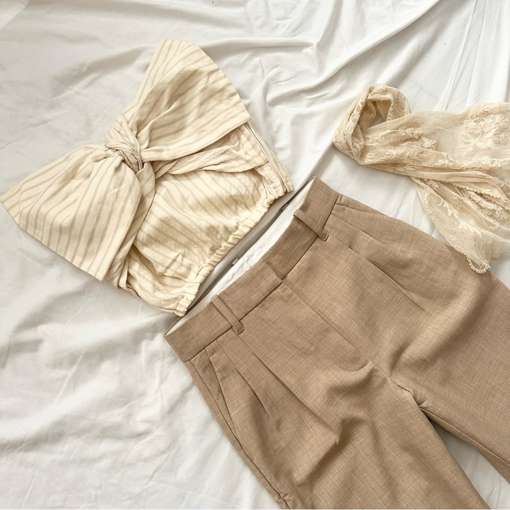 Striped Cream Bow Wool and Linen Blend Crop Top